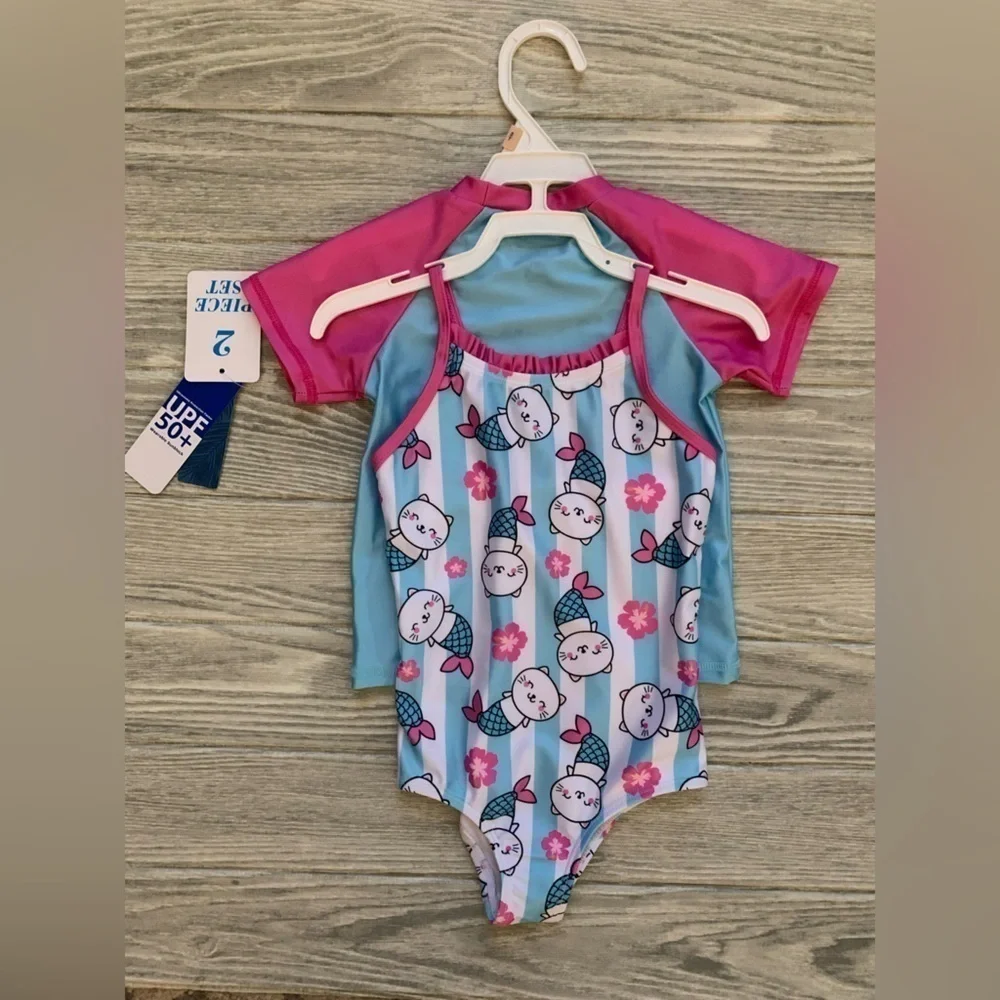 Caribbean Joe Girl’s Swimsuit With Short Sleeve Rash Guard Set 2-T